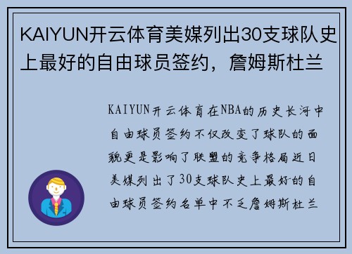 KAIYUN开云体育美媒列出30支球队史上最好的自由球员签约，詹姆斯杜兰特多 - 副本